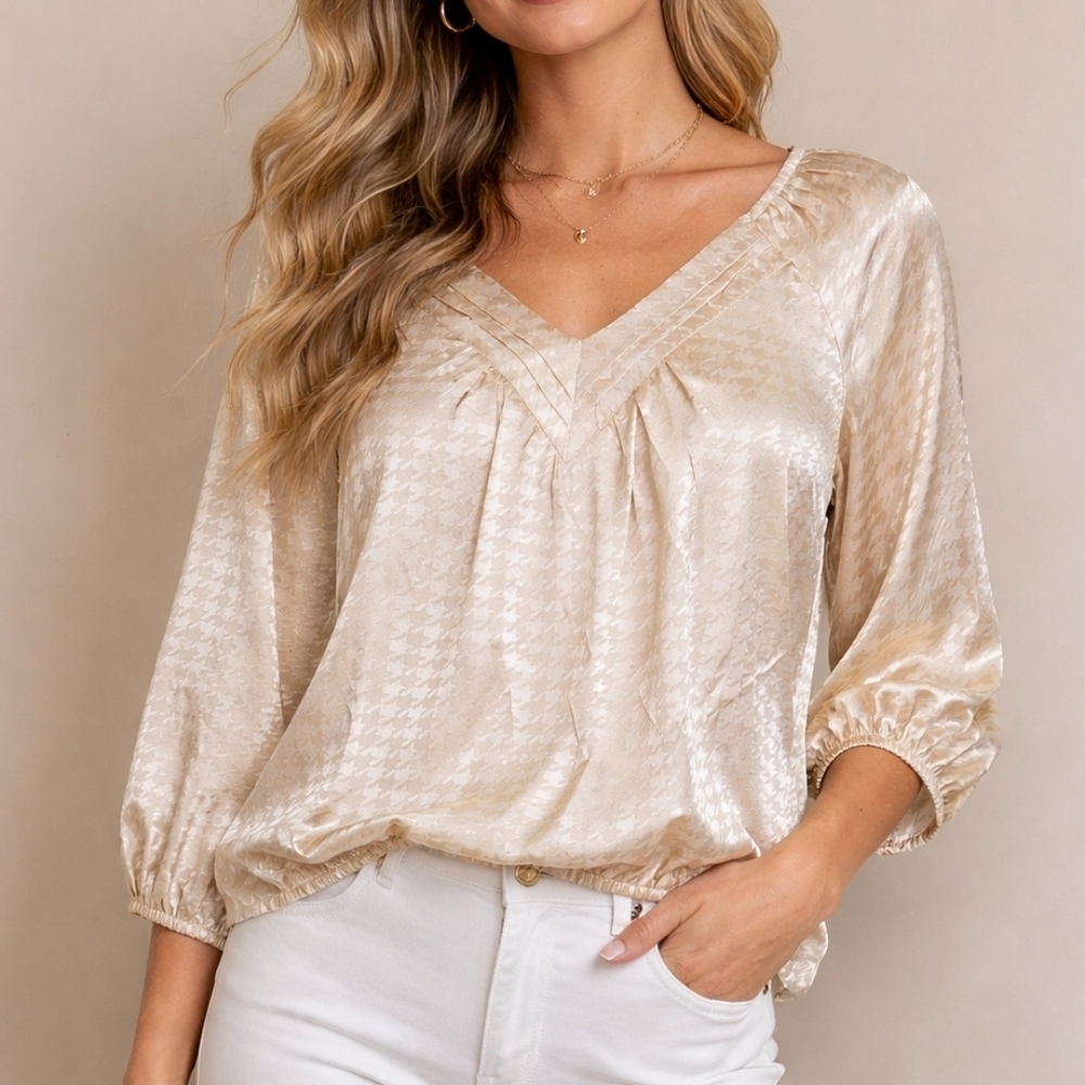EMBER Ivory Satin Houndstooth V-neck  Blouson Top
